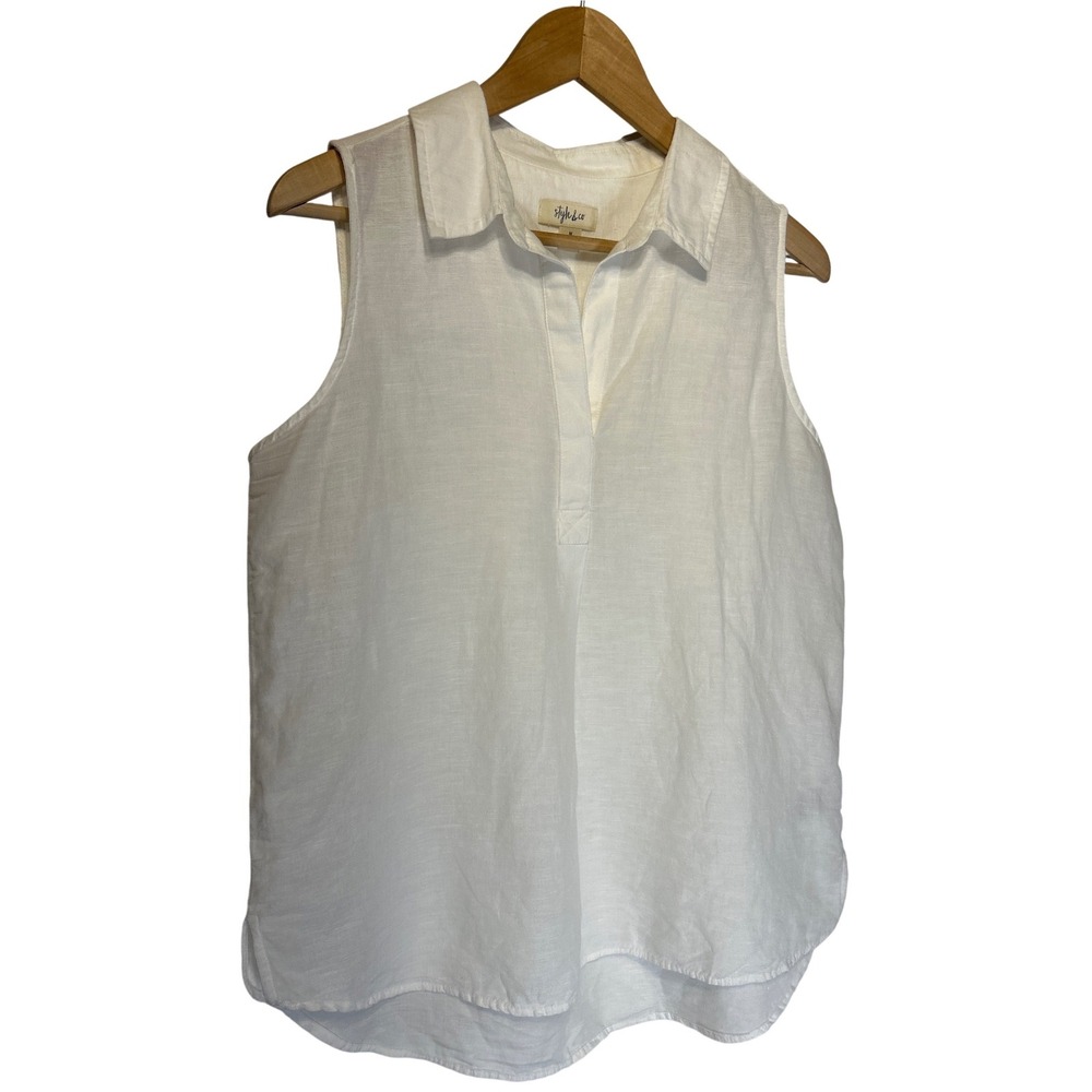 Style & Co Womens White Linen Blend Sleeveless Split Neck Blouse Top Size M